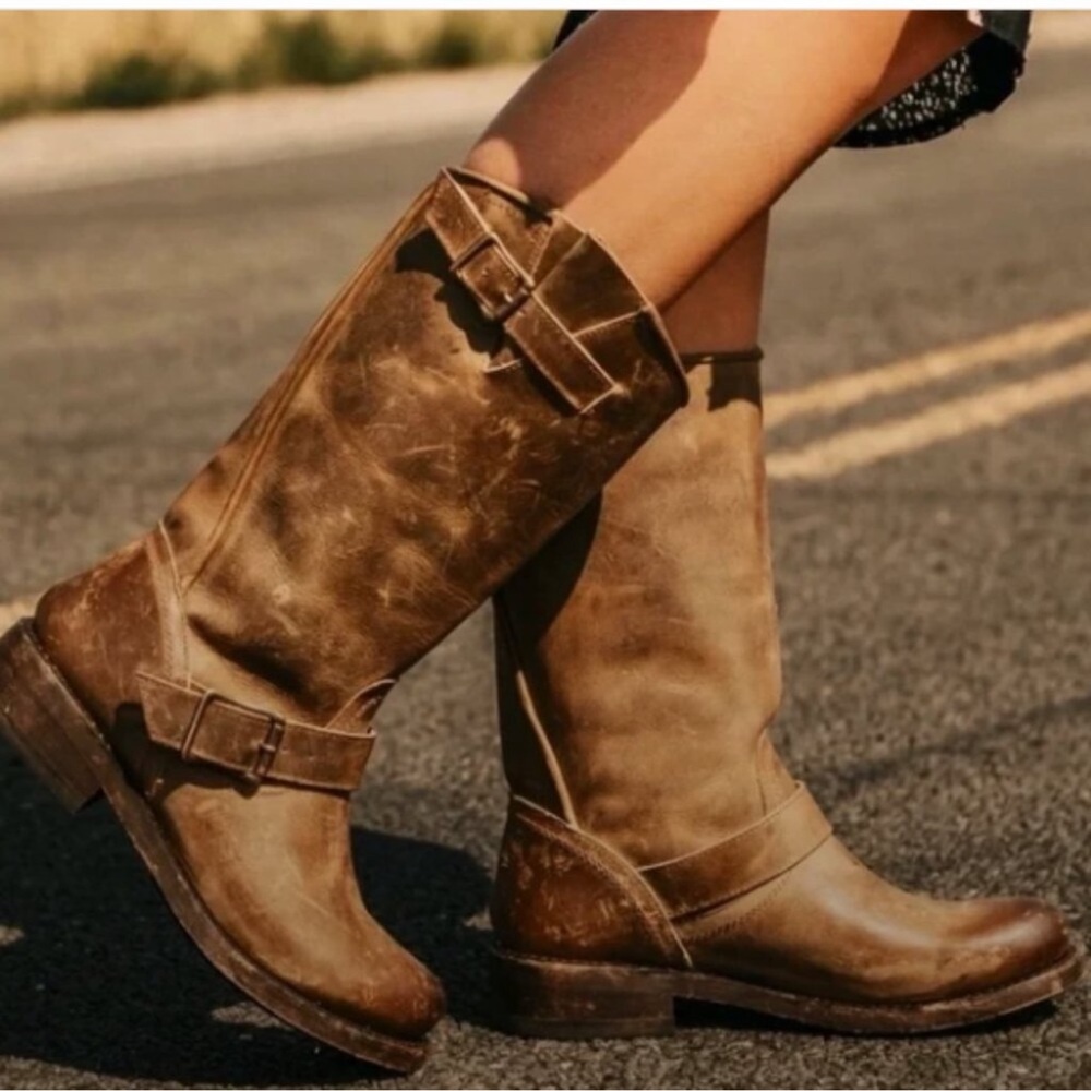 FREEBIRD by Steven Crossby Leather Mid Calf Boots Sz 7 Brown Pull On Buckle